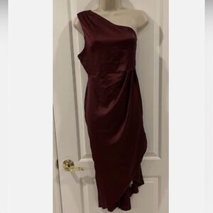 Lyaner Maroon One Shoulder Party Dress Wrap Satin Split Midi Sleeveless SZ LG